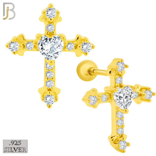 925-ES269 - Screw Ball Back - .925 Sterling Silver Cross with Prong Set Heart Shaped Zircon Center Stone Earrings Stud image 2