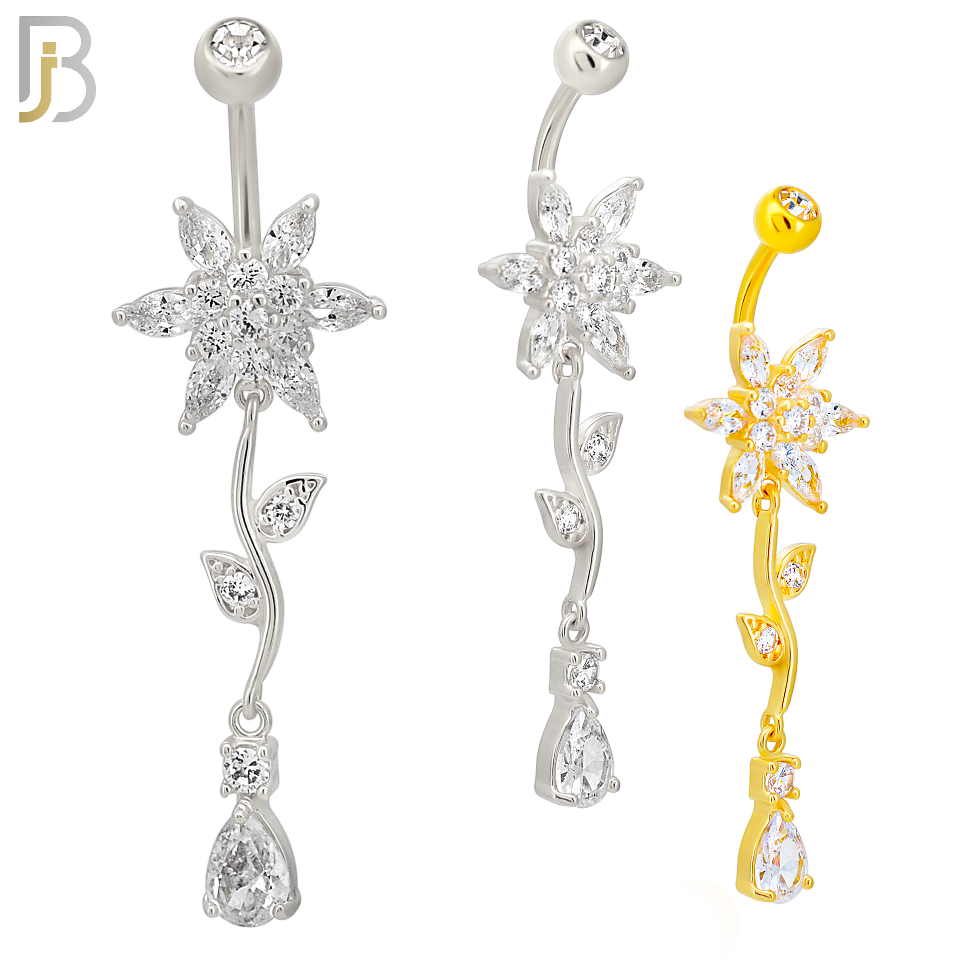 N0117  - 316L Stainless Steel Flower with Vein & Pear Shaped Zircon Belly Ring and 5mm Screw Ball image 0