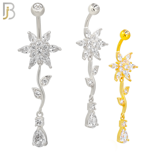 N0117  - 316L Stainless Steel Flower with Vein & Pear Shaped Zircon Belly Ring and 5mm Screw Ball image 0