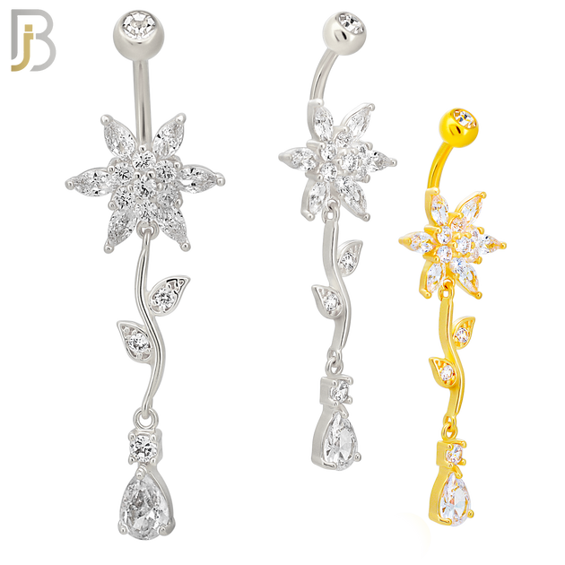 N0117  - 316L Stainless Steel Flower with Vein & Pear Shaped Zircon Belly Ring and 5mm Screw Ball image 0