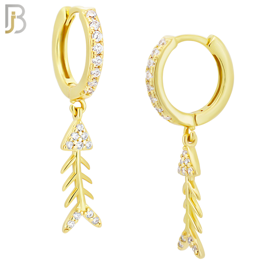 ES113 - 316L Stainless Steel Dangling Skeleton Fish with Zircon Huggies Clip On image 2