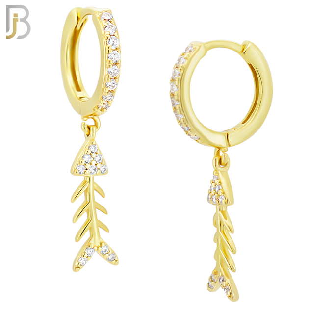 ES113 - 316L Stainless Steel Dangling Skeleton Fish with Zircon Huggies Clip On image 2