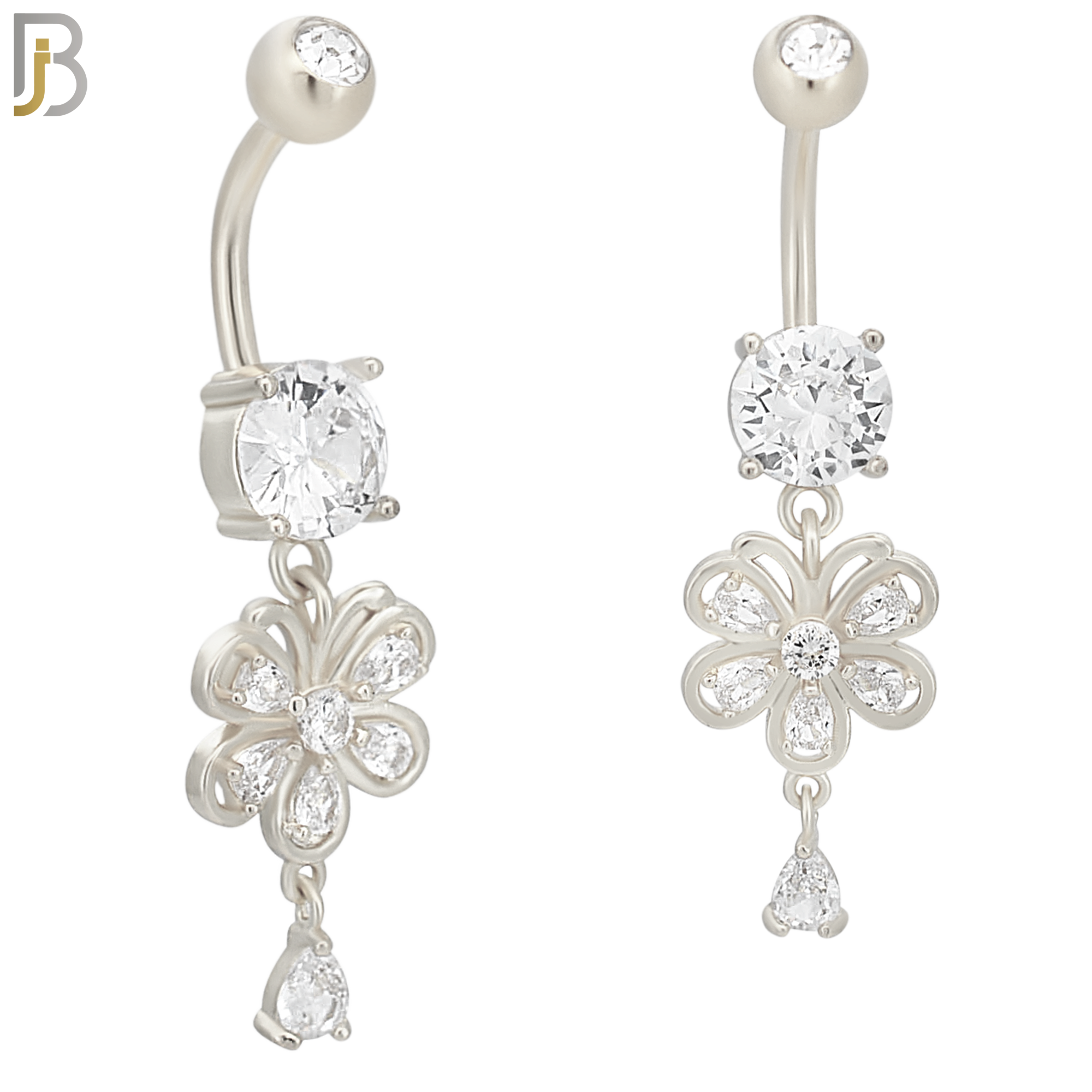 N0104  - 316L Stainless Steel Round Zircon with Dangling Flower with Pear Shaped Zircon Belly Ring image 1