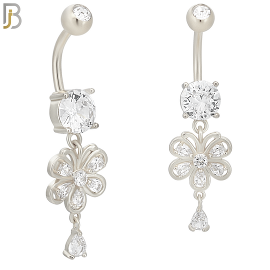 N0104  - 316L Stainless Steel Round Zircon with Dangling Flower with Pear Shaped Zircon Belly Ring image 1