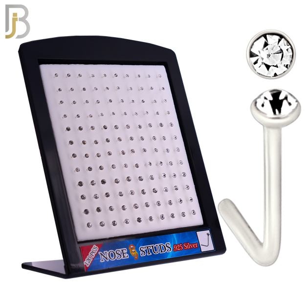 925-PK-NR06S-3C2 - Mixed of 2, 2.5, 3mm Clear CZ 22g Thickness  925 Sterling Silver Nose Studs, L-Shape Press Fit Packages Pack of 120. image 0