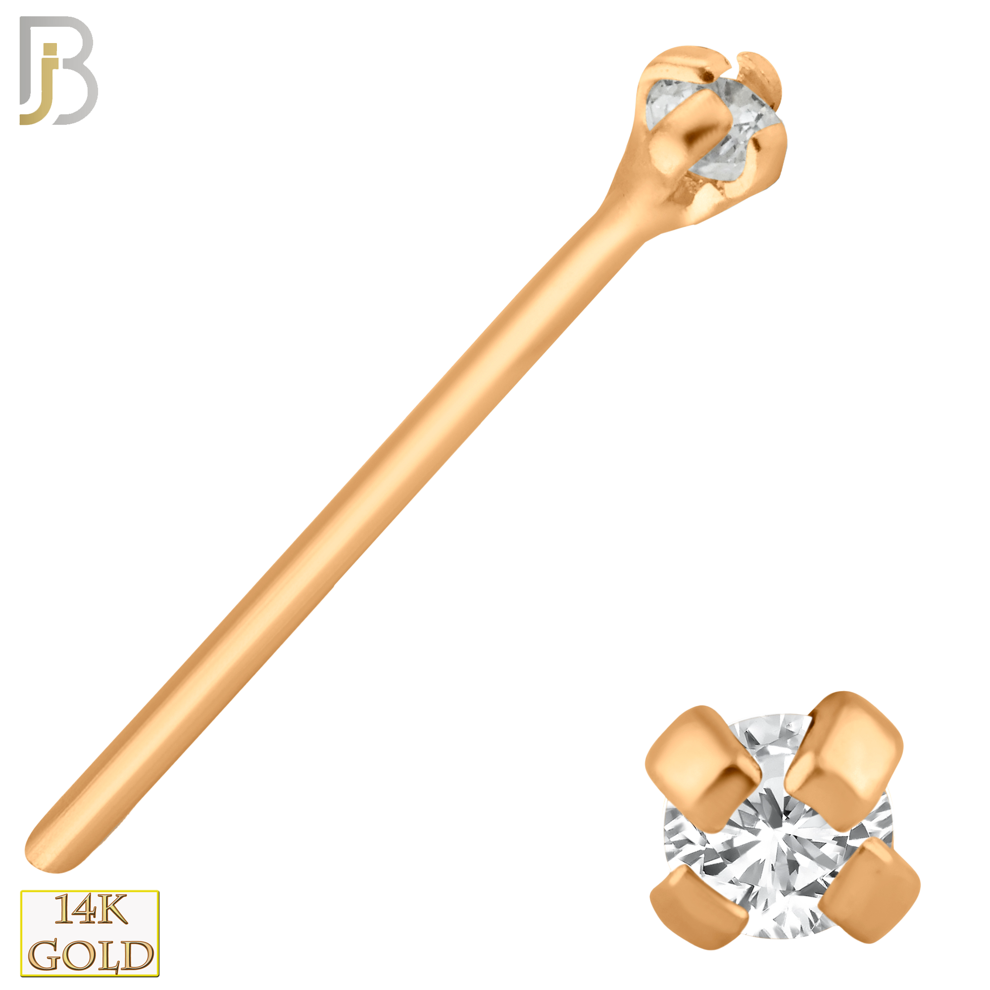 14-NR02CR-22 - 14k Solid Rose Gold 22g Prong Setting  Round Cubic Zircona Nose Stud Bend-it Yourself, Nose Straight  image 1