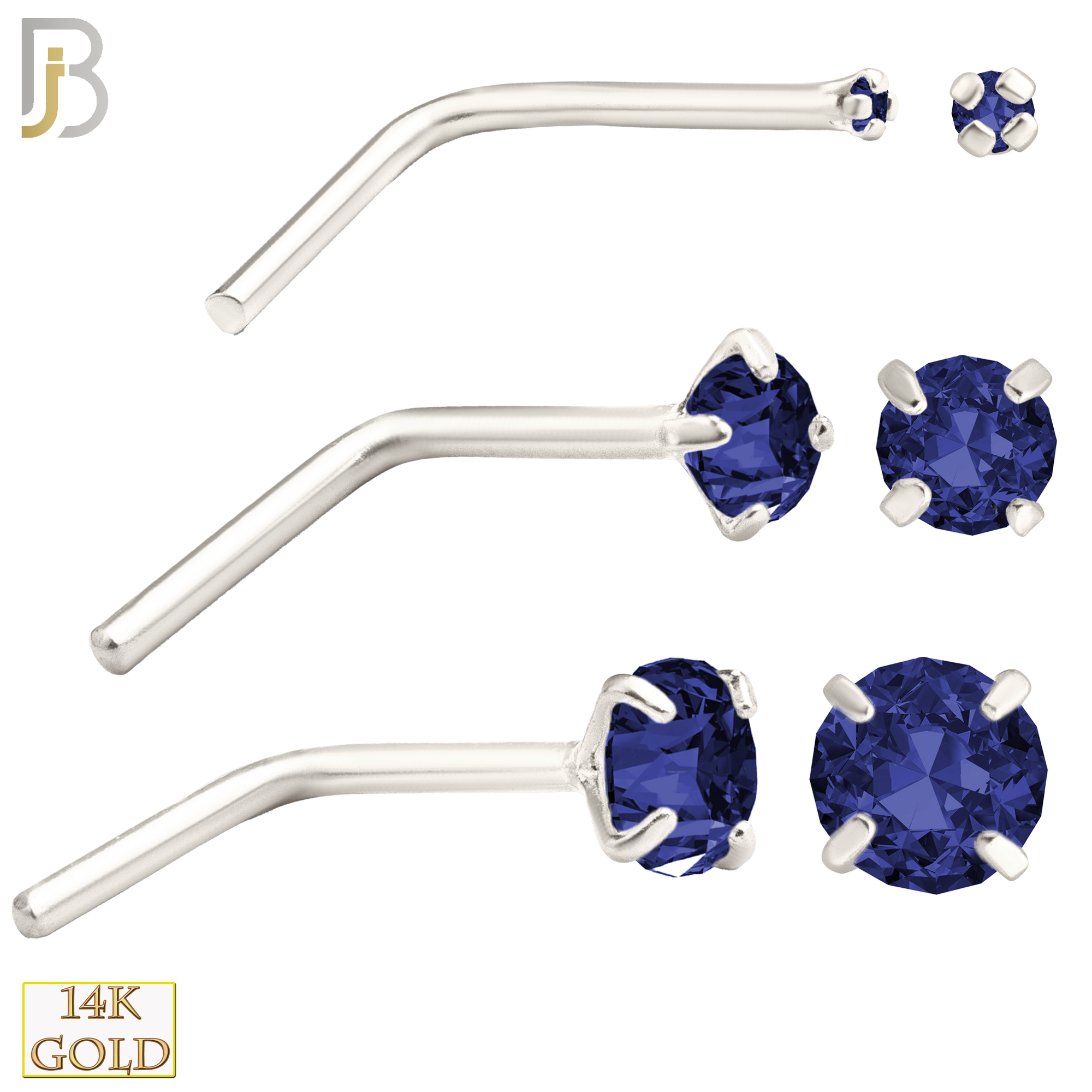 14-NR10CWS - 20g 14k White Gold L-Shaped with Blue Sapphire Colored CZ image 0