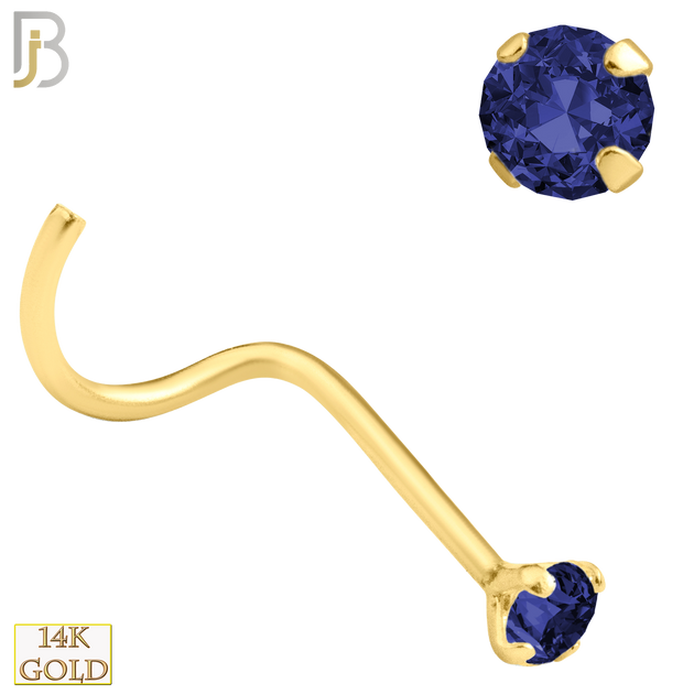 14-NR03CYS - 20g 14k Yellow Gold Nose Screw with Blue Sapphire Colored CZ image 2