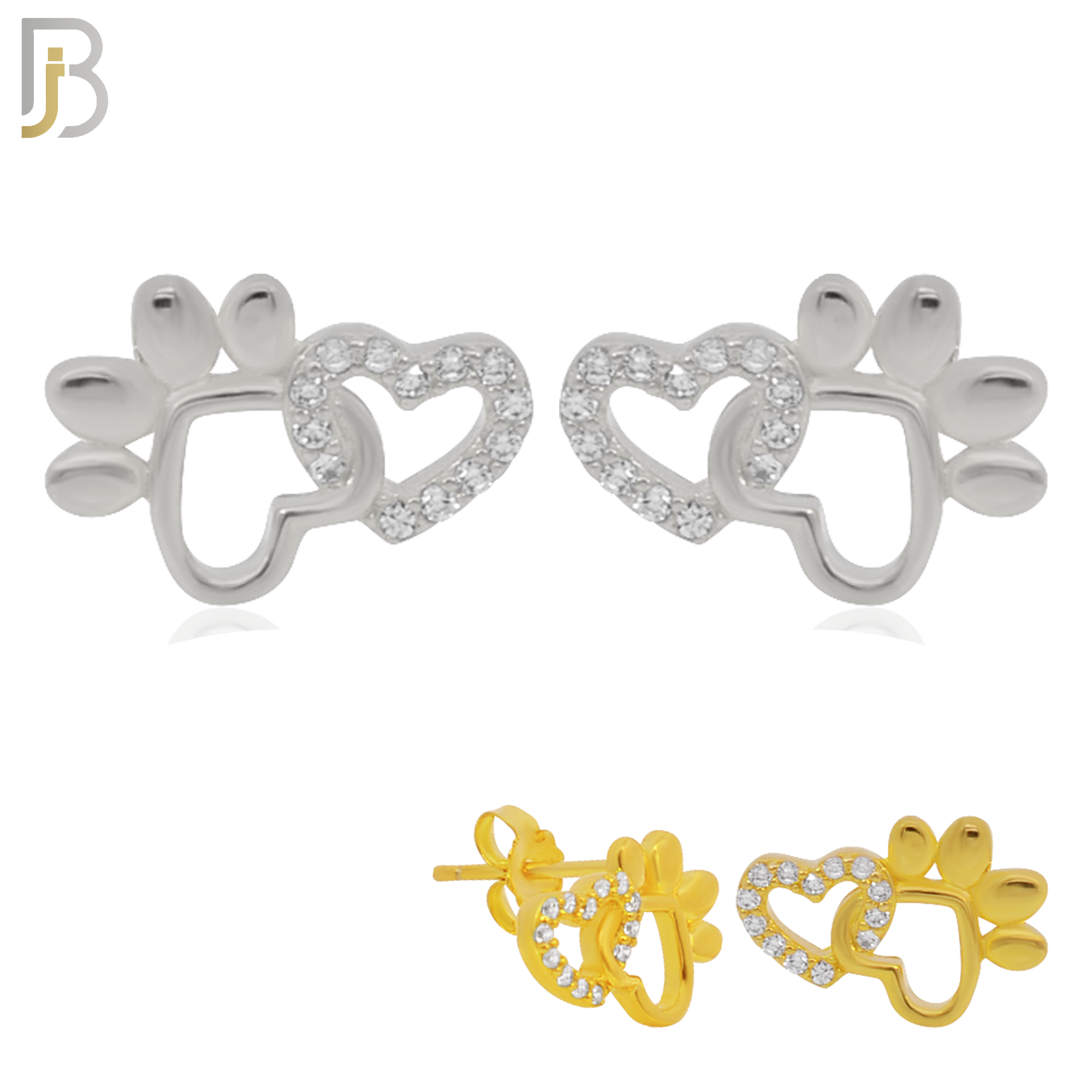 925-ES216 – .925 Sterling Silver Linking Heart Shaped Paw and Heart with Zircon Design Earring Stud image 0