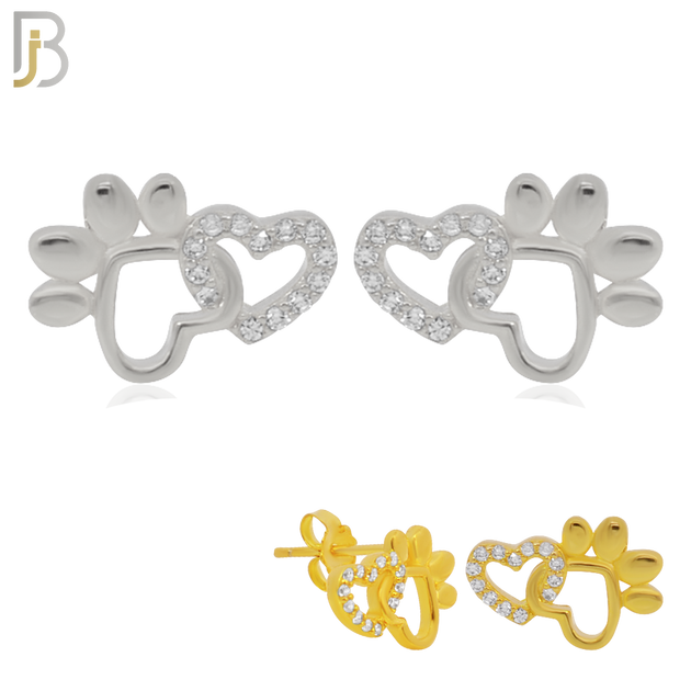 925-ES216 – .925 Sterling Silver Linking Heart Shaped Paw and Heart with Zircon Design Earring Stud image 0