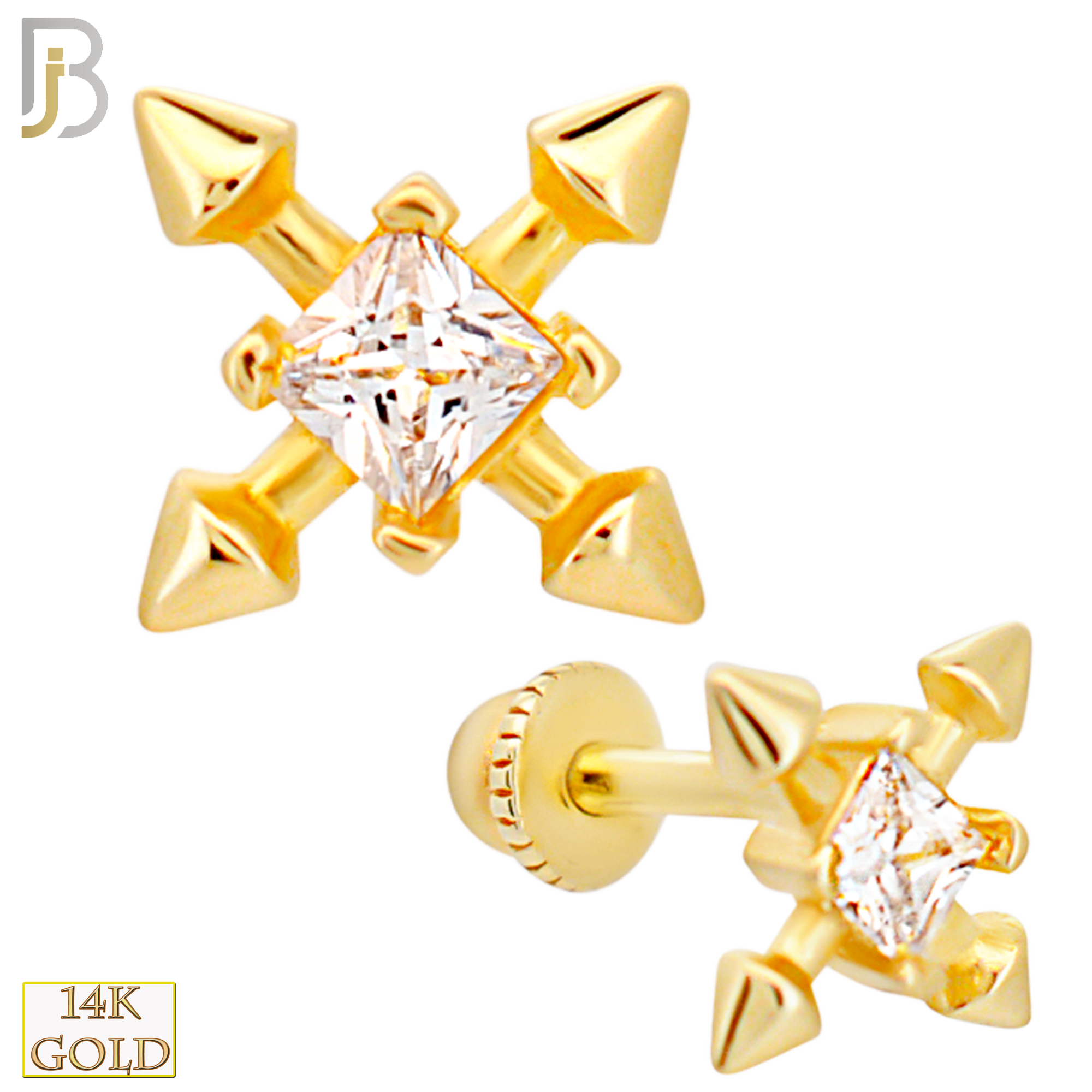 14-TB46 - 14k Yellow Gold Crossed Spears with CZ Center Tragus Barbell with Baby Screw Backing image