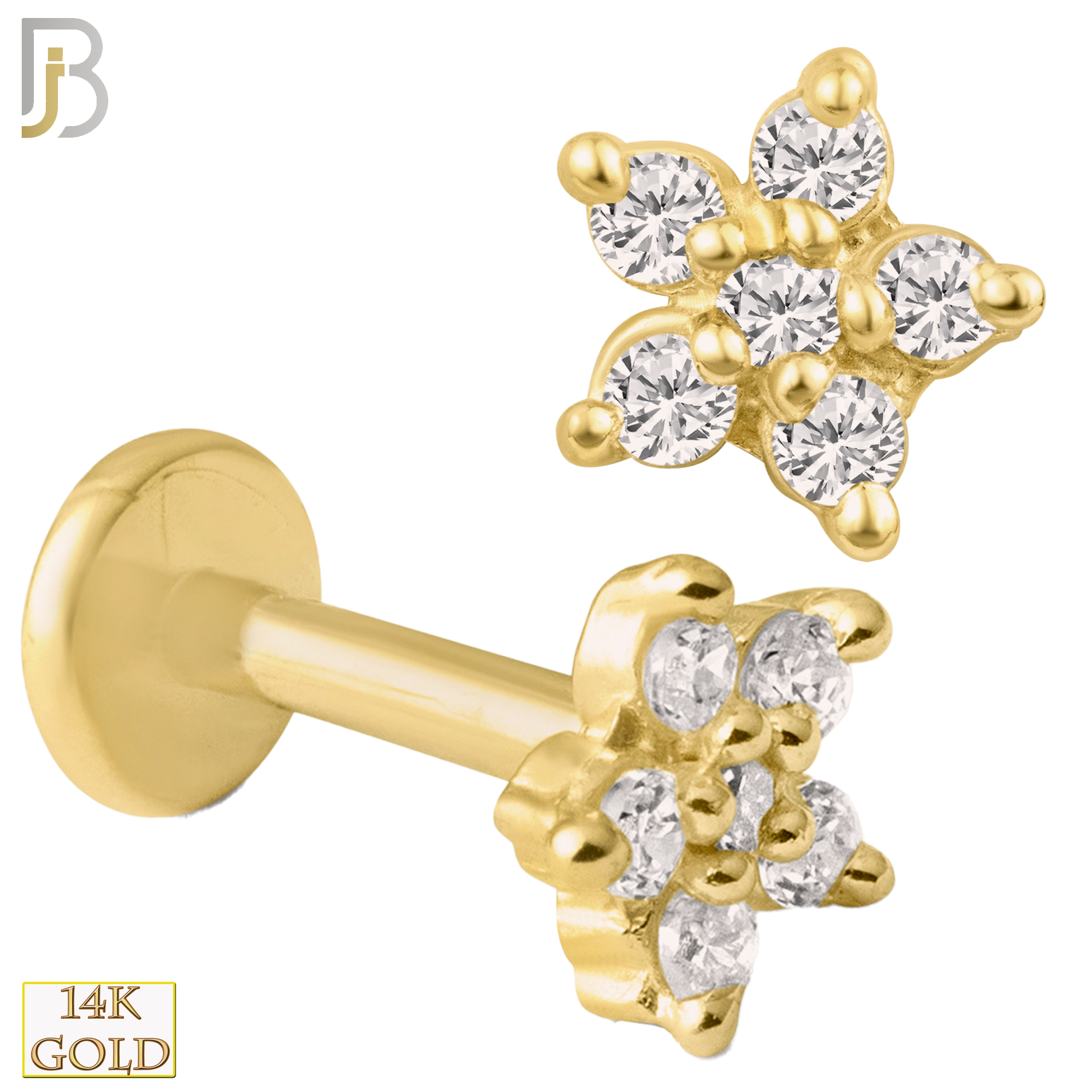 14-LB27 - 14k Yellow Gold Five Petal Star Shaped Flower with Zircon Labret - Yellow Gold image