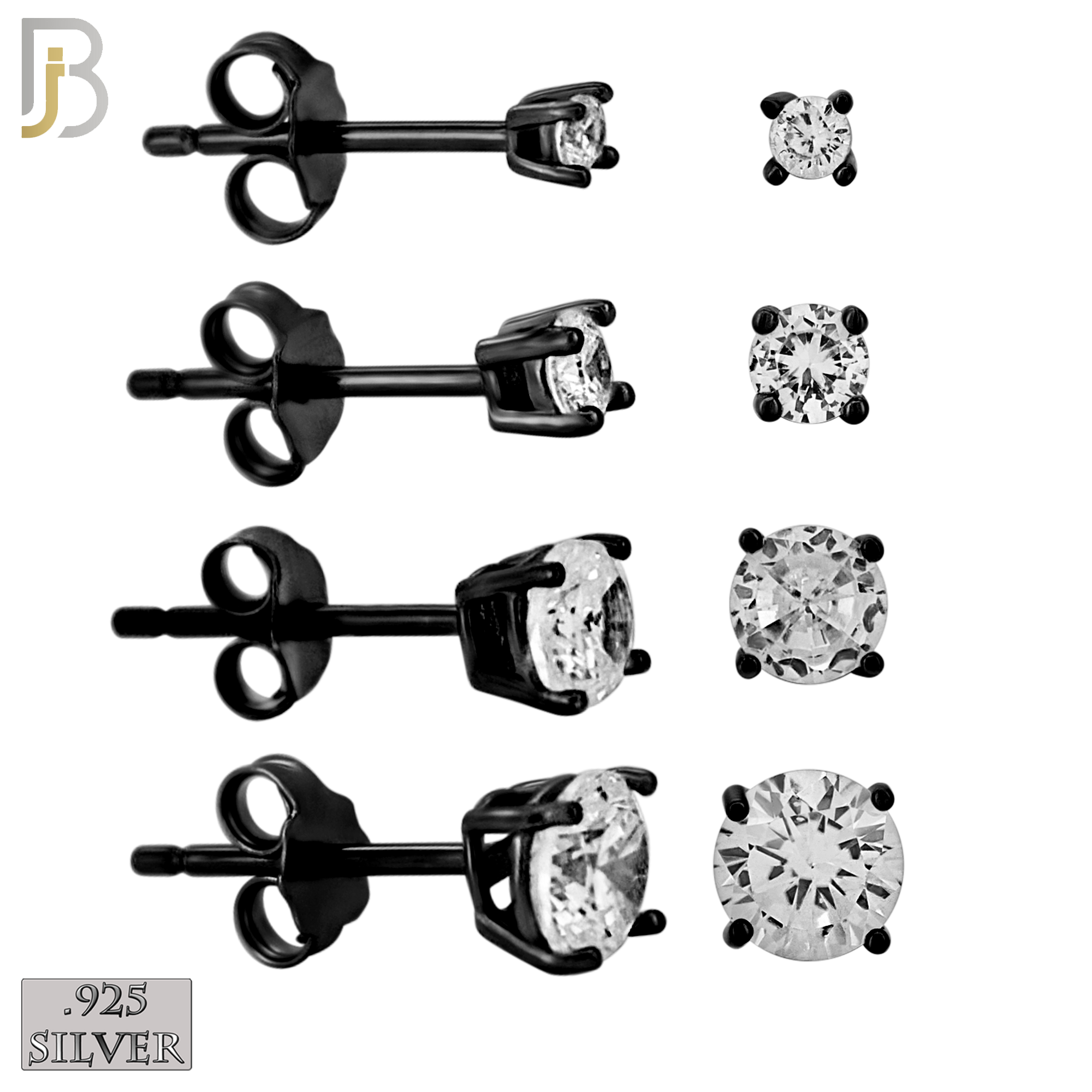 925-ES71-KC - .925 Sterling Silver Black Plated Earring Stud Casting Round Prong Setting Clear Zircon image 0