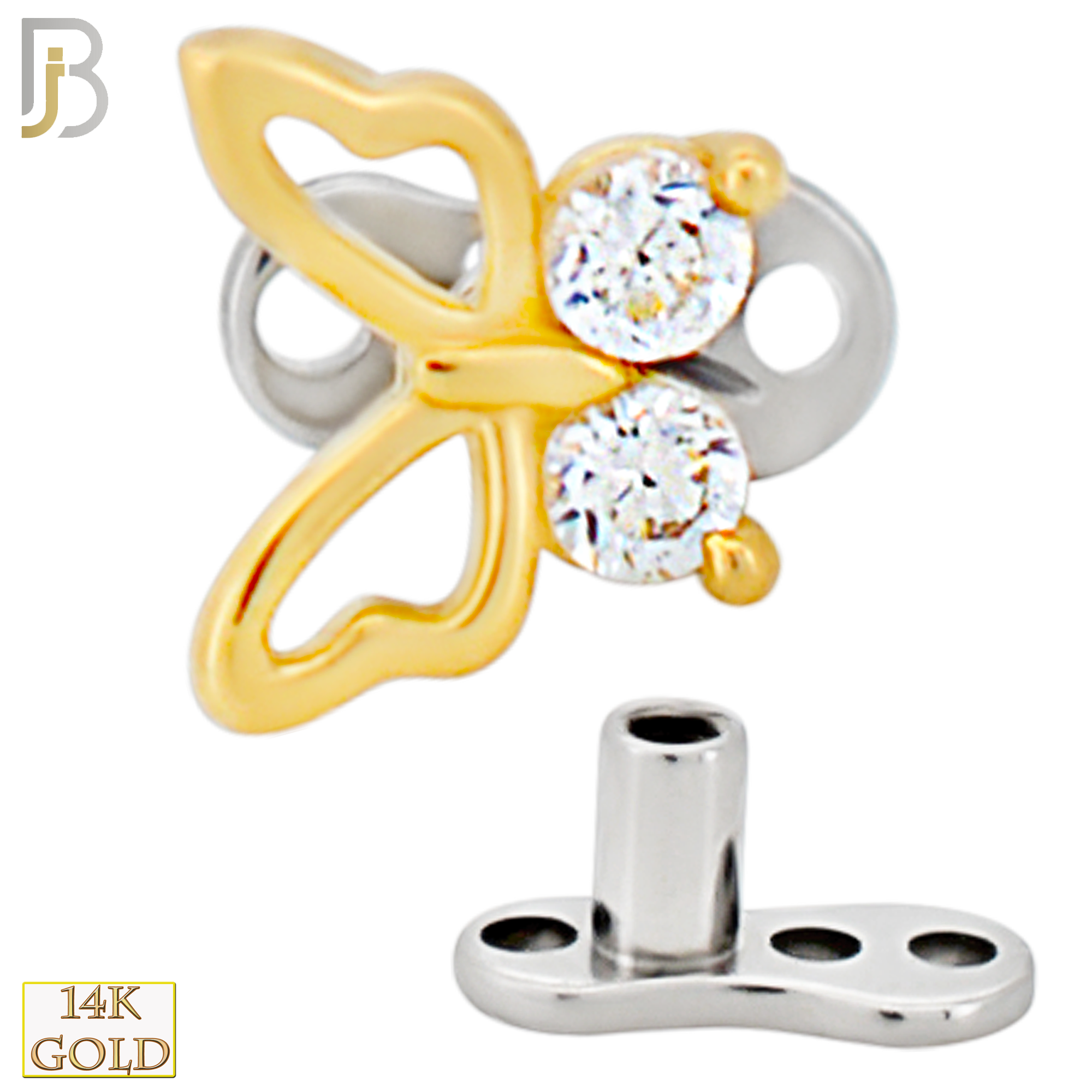 14-G23-DM15 - 14k Titanium Anchor and 14k Gold Top Butterfly with Cubic Zirconia Dermal - Internally Threaded image 2
