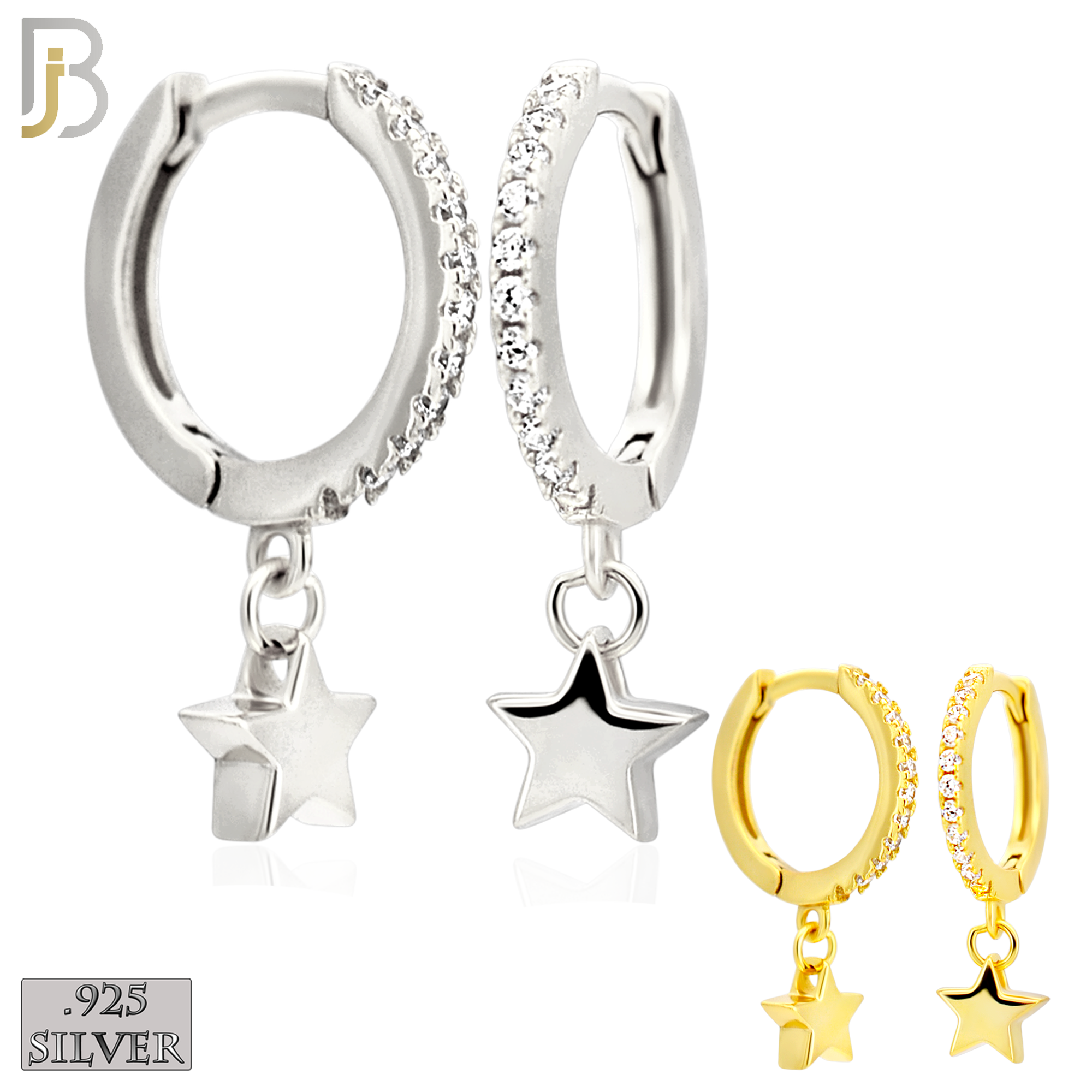 925-ES442 - 925 Sterling Silver Dangling Plain Star Huggies Earring with Multi Zircon Hoop image 0