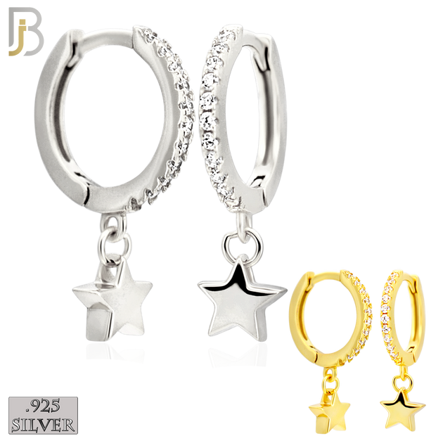 925-ES442 - 925 Sterling Silver Dangling Plain Star Huggies Earring with Multi Zircon Hoop image 0