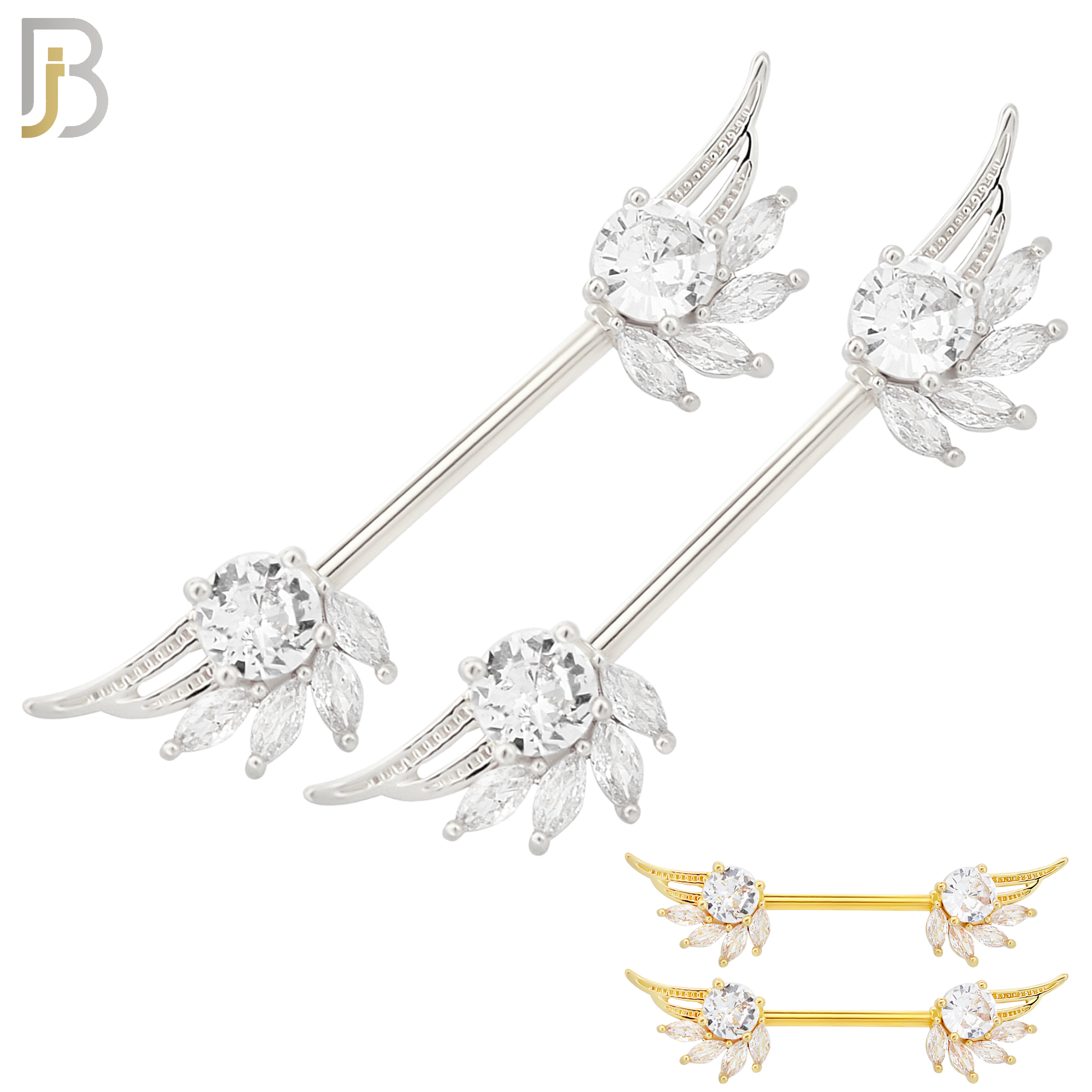 NP53 - 316L Surgical Steel Angel Wings with Multi Zircon Nipple Rings Pair image 0