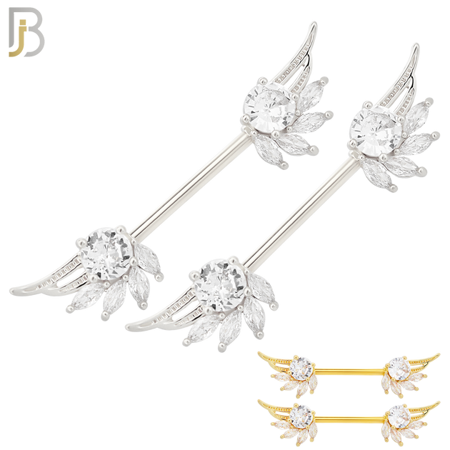 NP53 - 316L Surgical Steel Angel Wings with Multi Zircon Nipple Rings Pair image 0