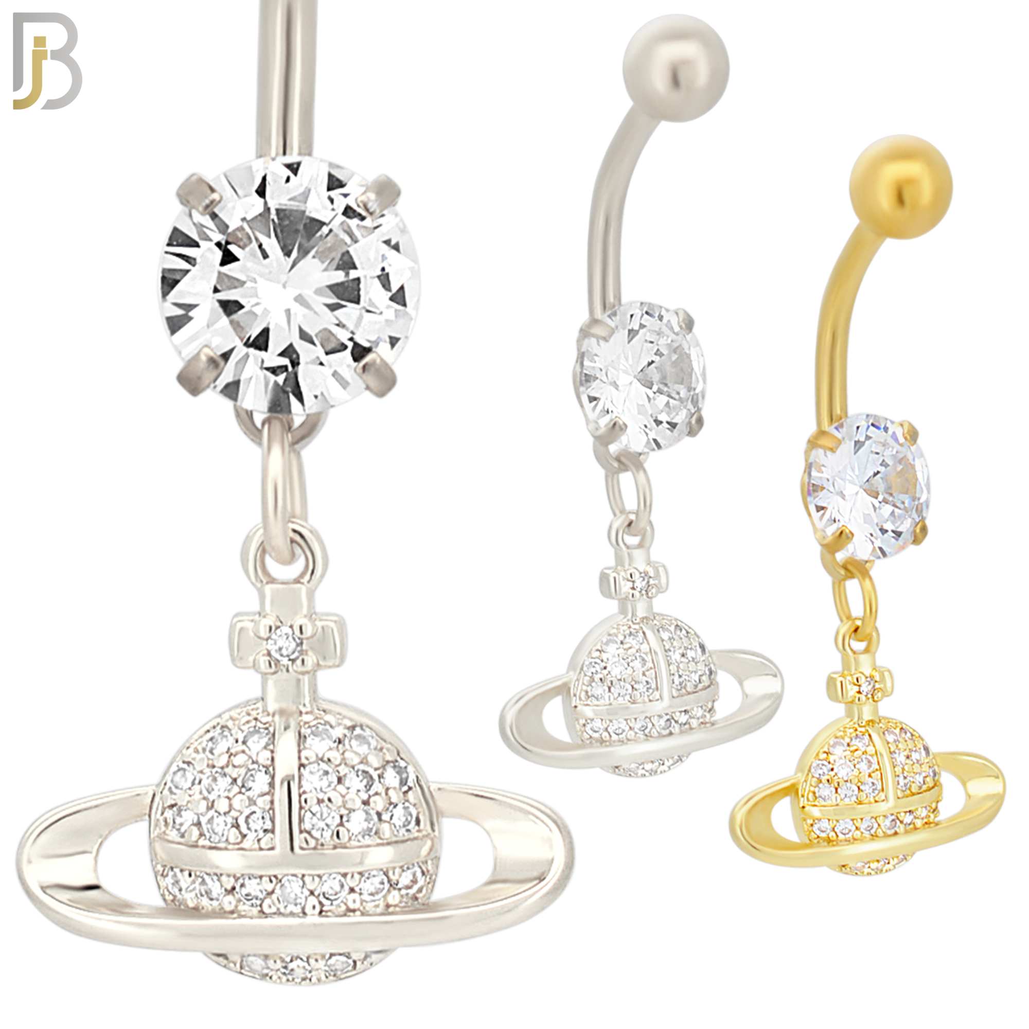 N083  - 316L Stainless Steel Dangling Planet Saturn with CZ Belly Ring image 0