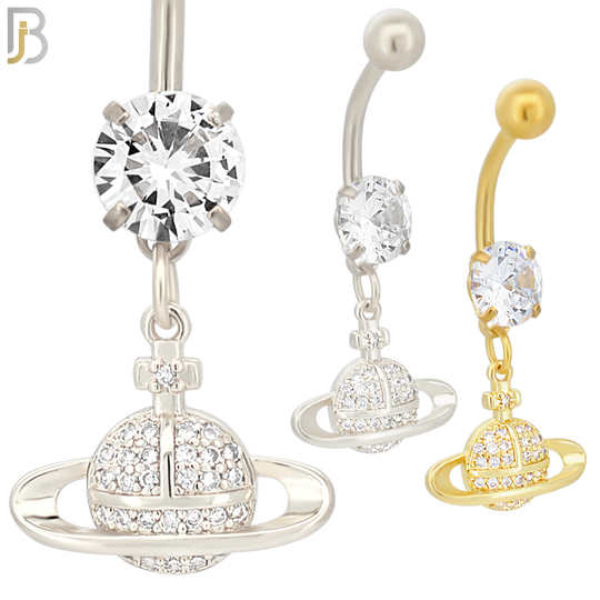 N083  - 316L Stainless Steel Dangling Planet Saturn with CZ Belly Ring image 0