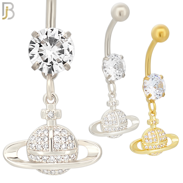 N083  - 316L Stainless Steel Dangling Planet Saturn with CZ Belly Ring image 0