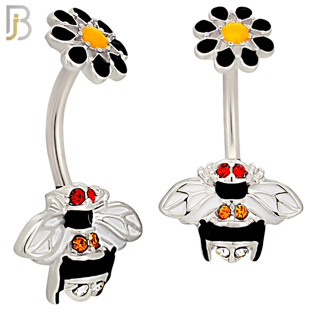NB48 - 316L Stainless Steel Bee Design with Flower Tail Banana Belly Navel Ring image 1