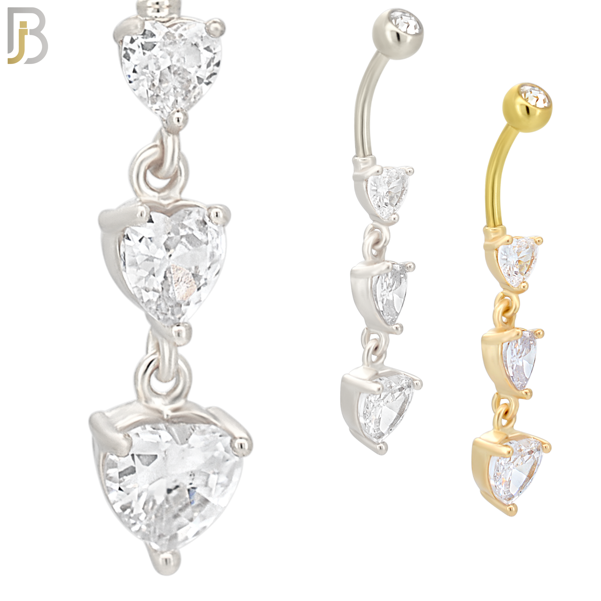 N082  - 316L Stainless Steel Three Heart Shaped CZ Dangling Belly Ring image 0