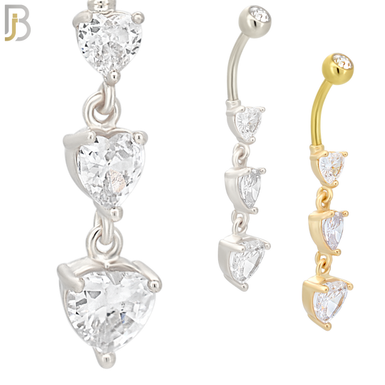 N082  - 316L Stainless Steel Three Heart Shaped CZ Dangling Belly Ring image 0