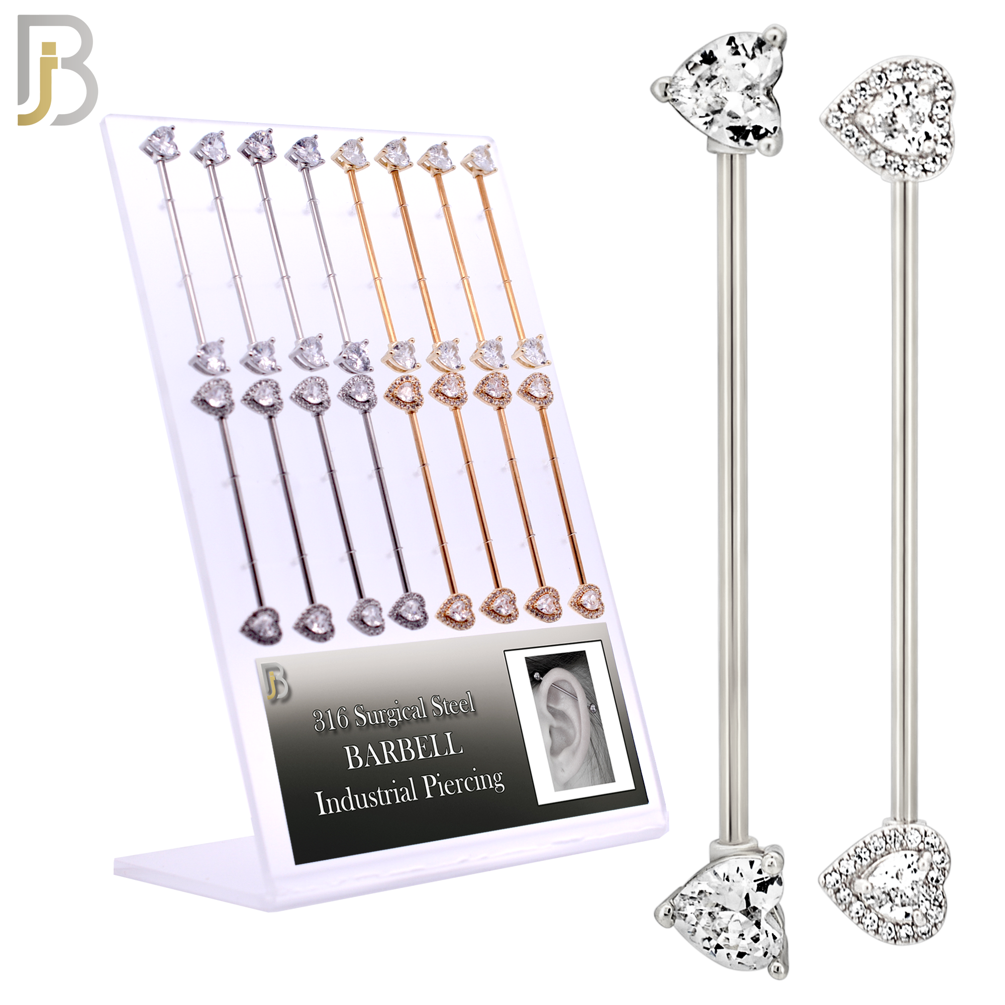 PK-BB08M - 316 Surgical Steel Industrial Barbell with Heart Shaped CZ Design image 0