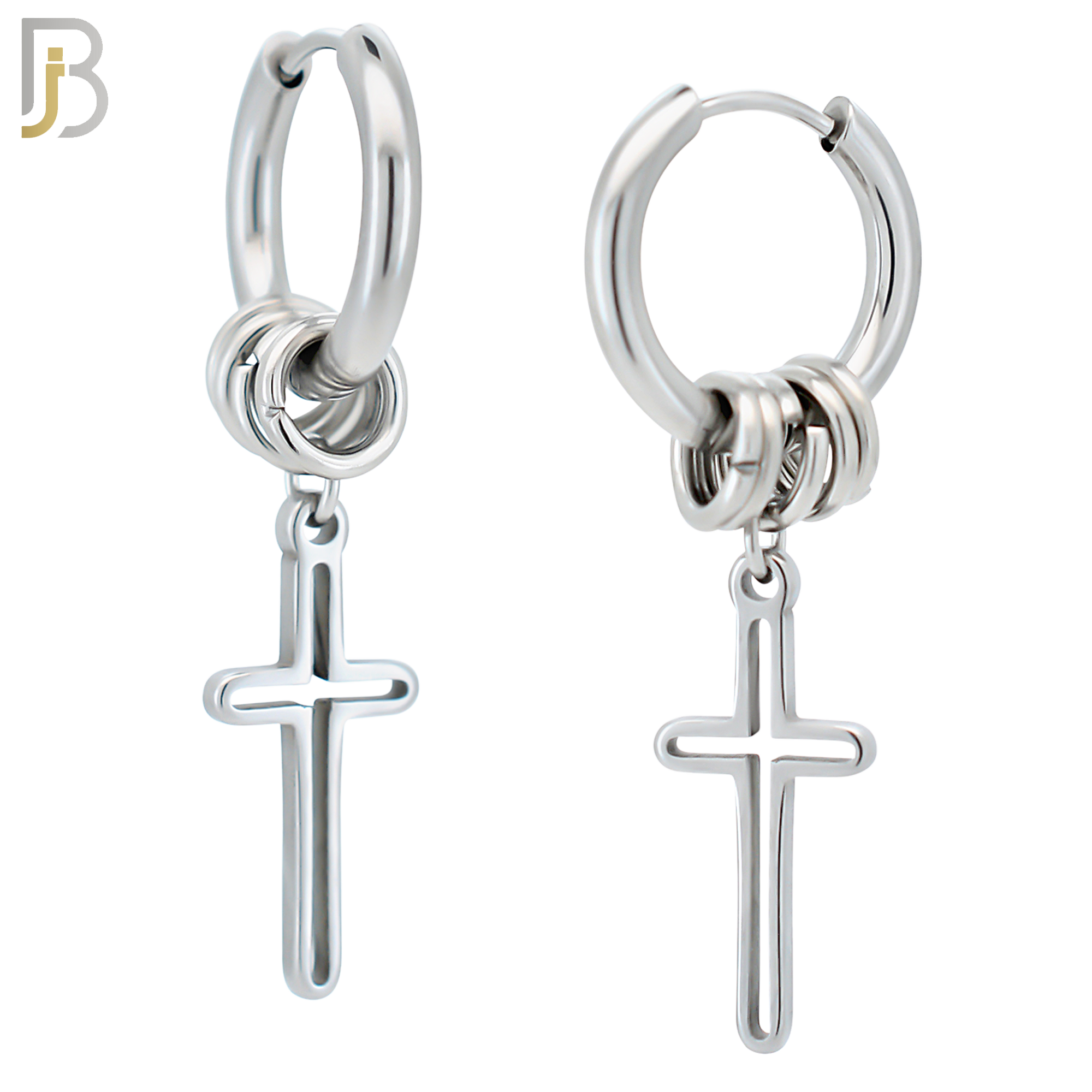 ES287 - 316L Stainless Steel Huggies with 5 Rings and Dangling Cross Clip On image 0
