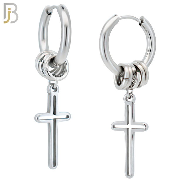 ES287 - 316L Stainless Steel Huggies with 5 Rings and Dangling Cross Clip On image 0