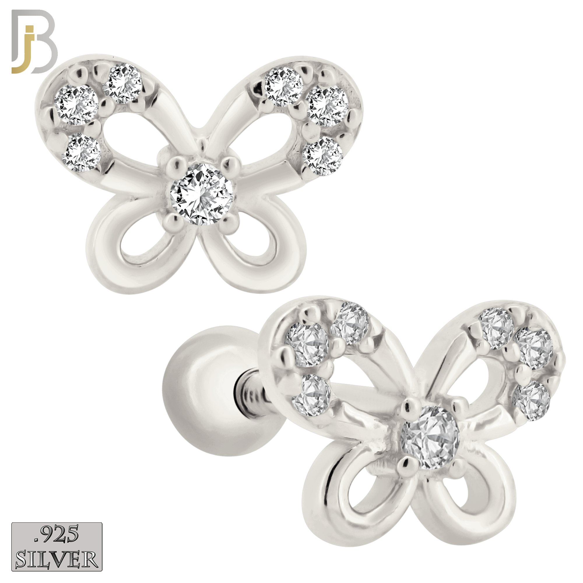 925-ES208 - Screw Ball Back - .925 Sterling Silver Butterfly Design Earring Stud with Clear Zircon image 1