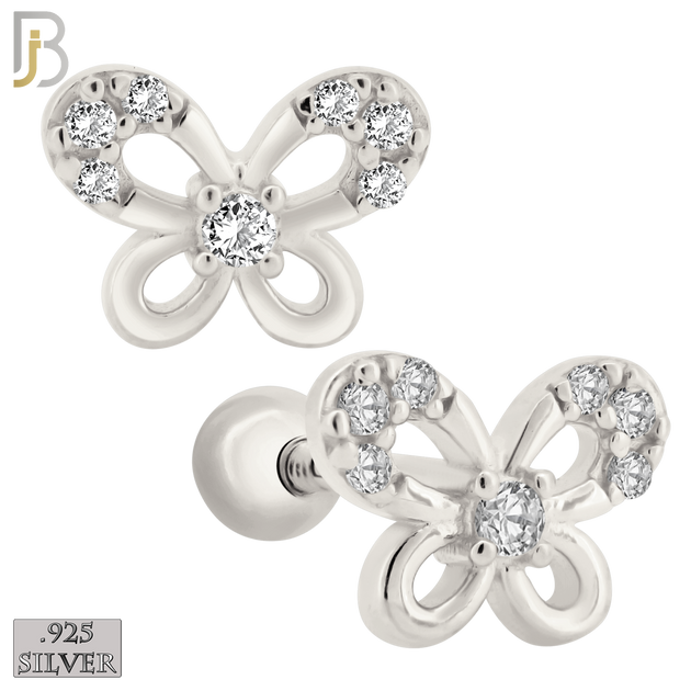 925-ES208 - Screw Ball Back - .925 Sterling Silver Butterfly Design Earring Stud with Clear Zircon image 1