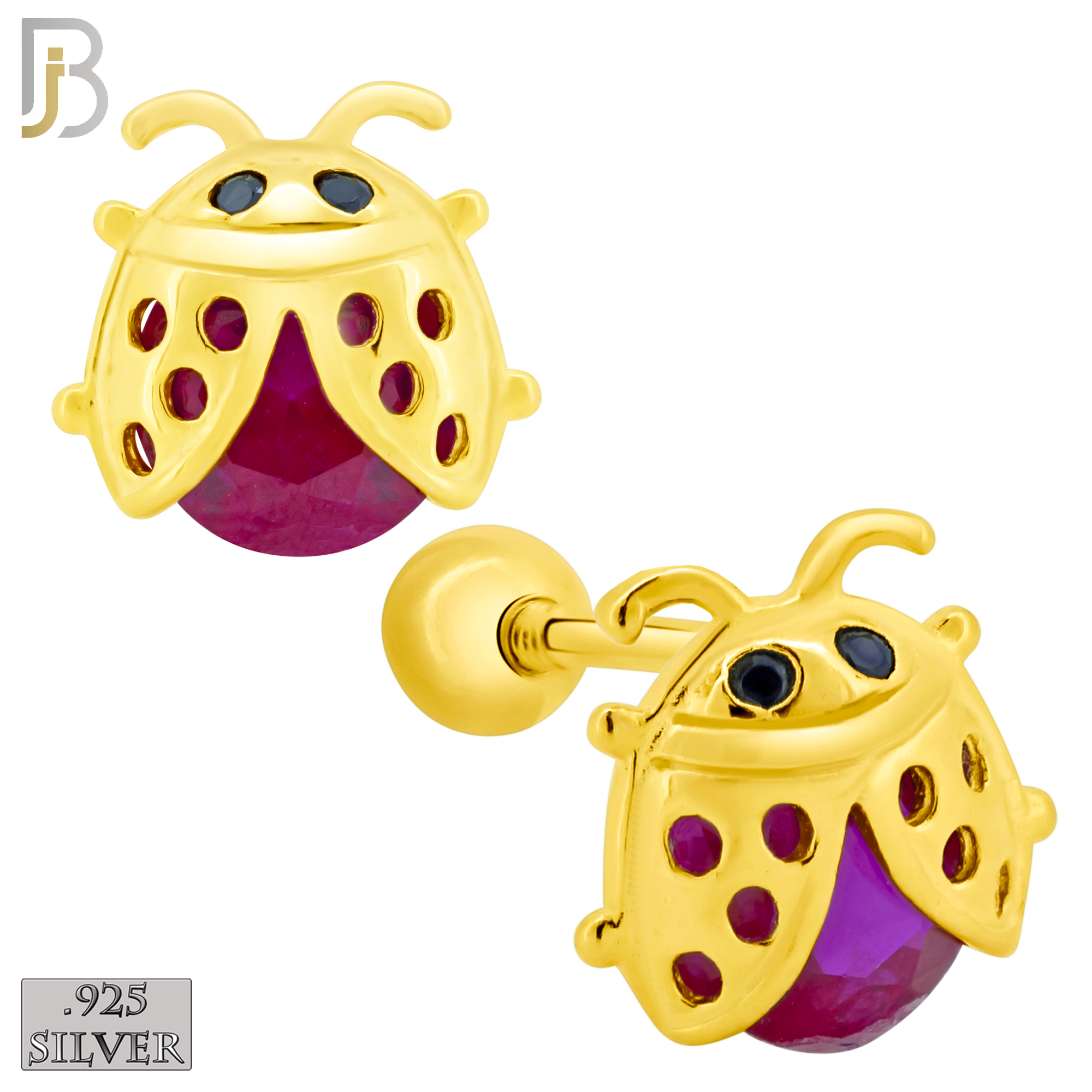 925-ES198 - Screw Ball Back - .925 Sterling Silver Lady Bug Design Earring Stud with Fuchsia Zircon image 2