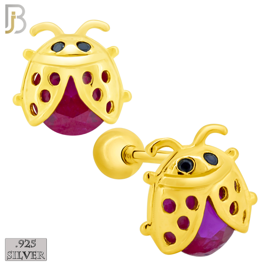 925-ES198 - Screw Ball Back - .925 Sterling Silver Lady Bug Design Earring Stud with Fuchsia Zircon image 2