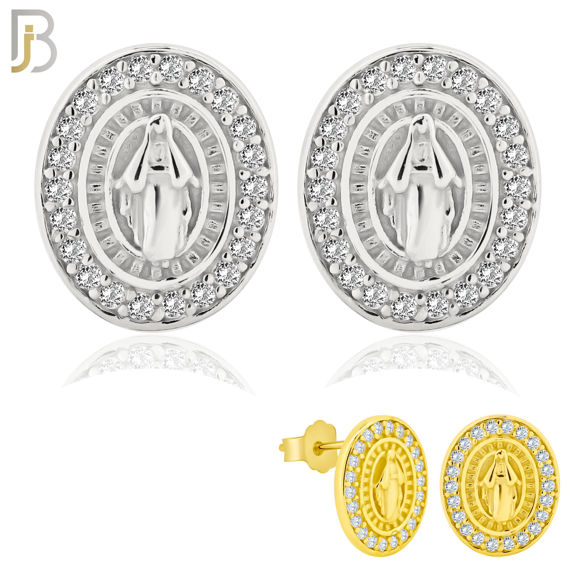 925-ES267 - .925 Sterling Silver Oval Shape Virgin Mary with Clear Zircon Design Earrings Stud image 0
