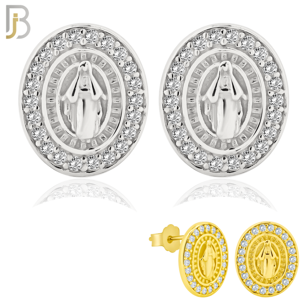 925-ES267 - .925 Sterling Silver Oval Shape Virgin Mary with Clear Zircon Design Earrings Stud image 0