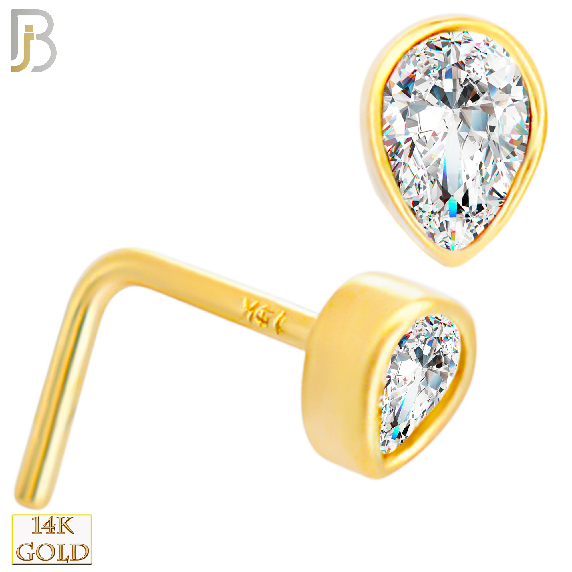 14-NR105L- 14k Solid Gold Tear Drop Shaped CZ in Bezel Set L-Shaped Nose Ring image 0