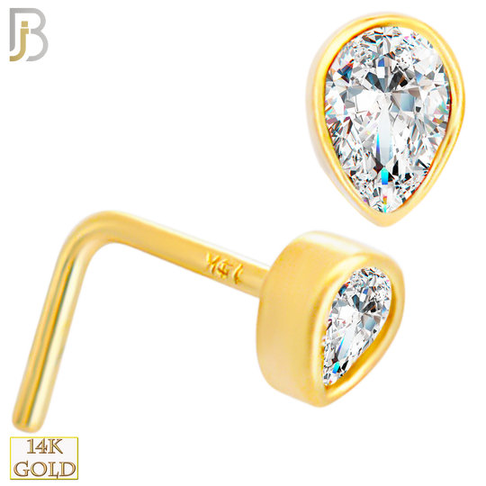 14-NR105L- 14k Solid Gold Tear Drop Shaped CZ in Bezel Set L-Shaped Nose Ring image 0