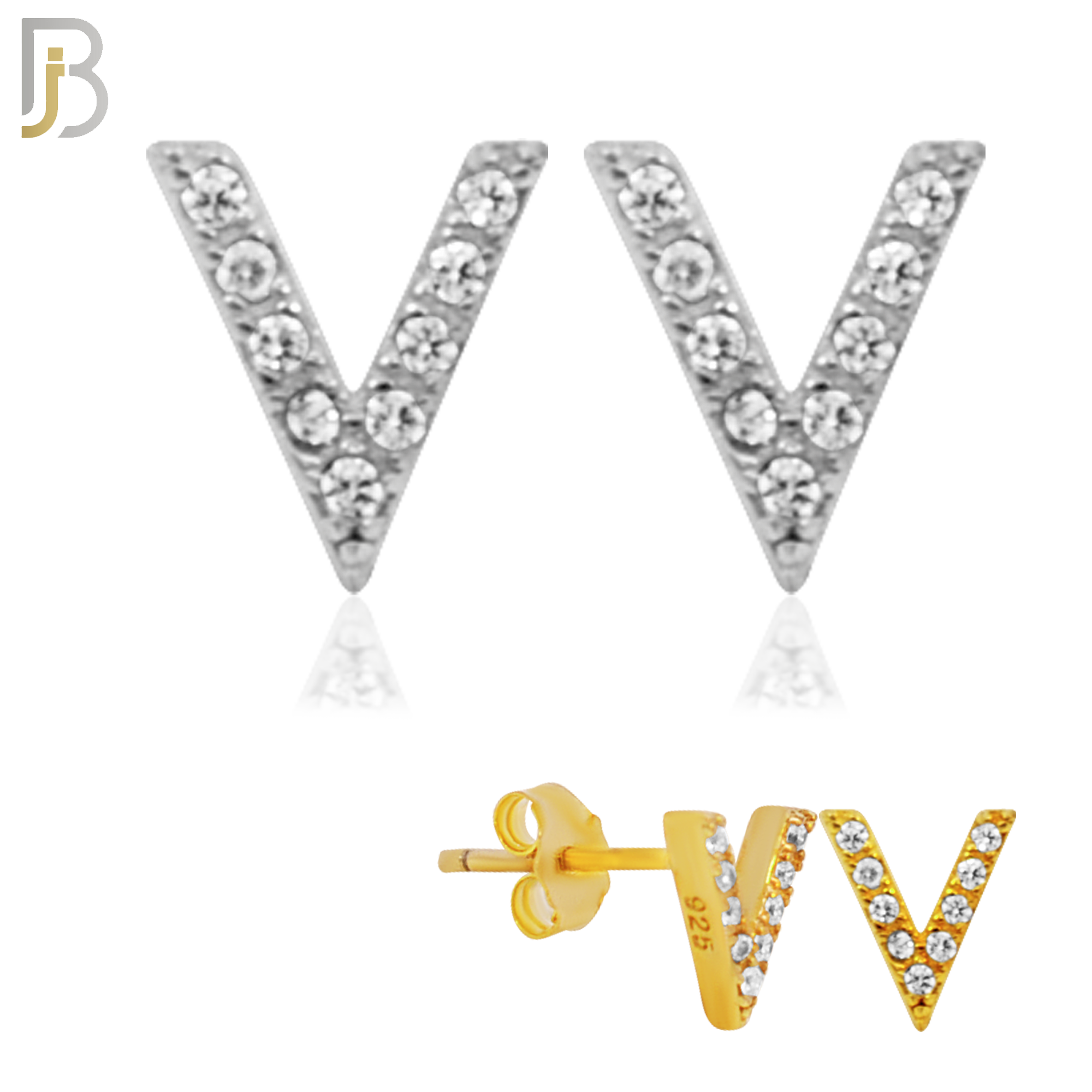 925-ES152 - .925 Sterling Silver Letter V Design with Zircon Design Earring Stud image 0