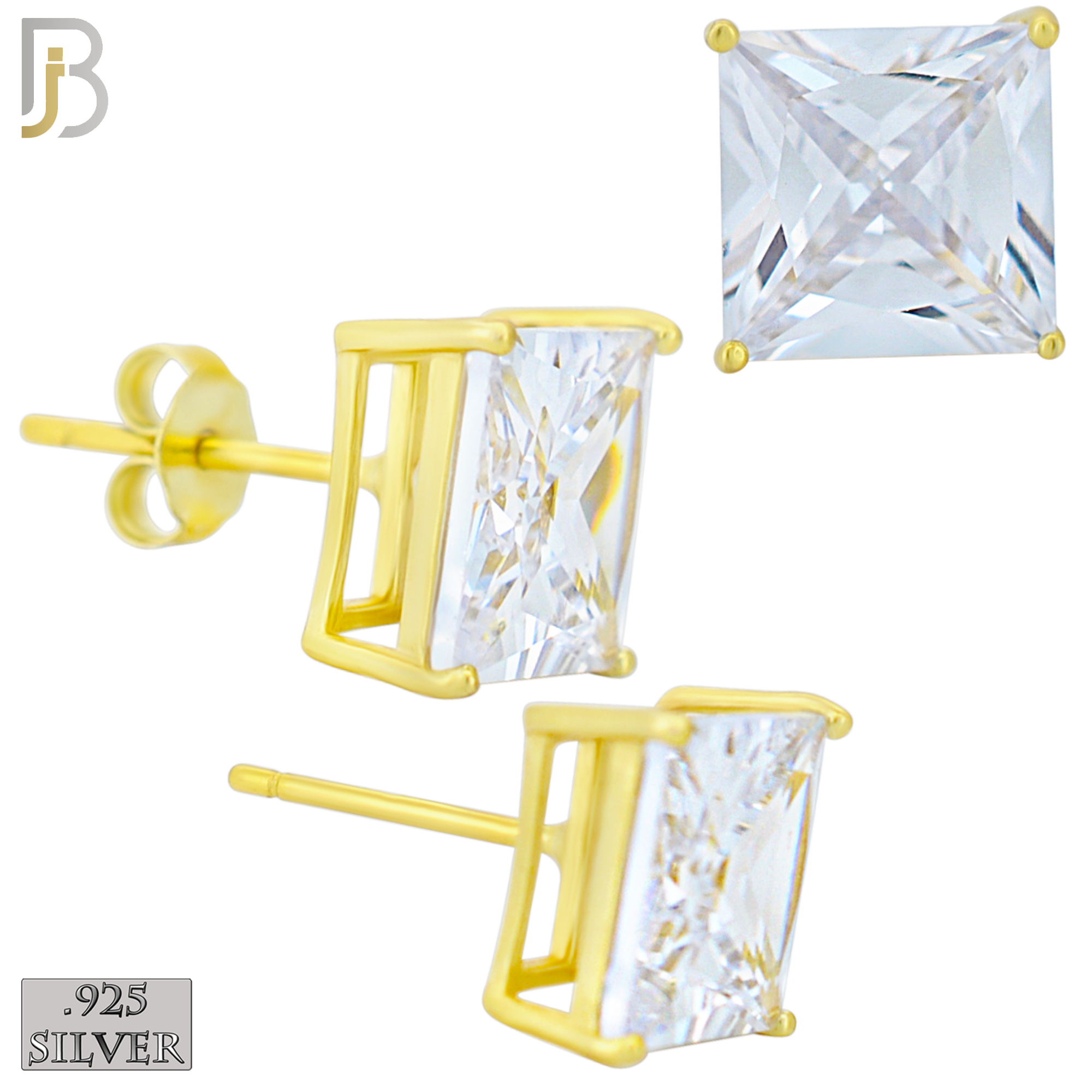 925-ES72-GC - .925 Sterling Silver Gold Plated Earring Stud Casting Square Princess Cut Prong Setting Clear Zircon image 8