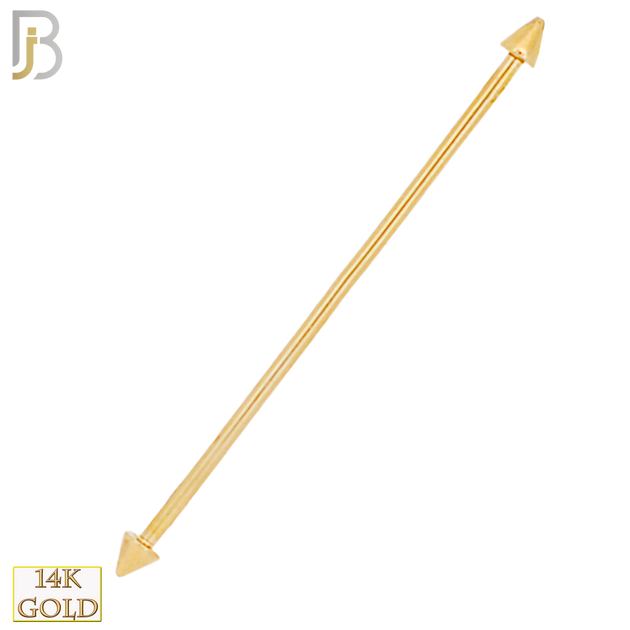 14-BB06Y16 - 14k Solid Gold 16g Plain Spike 37mm Industrial Barbell Externally Threaded