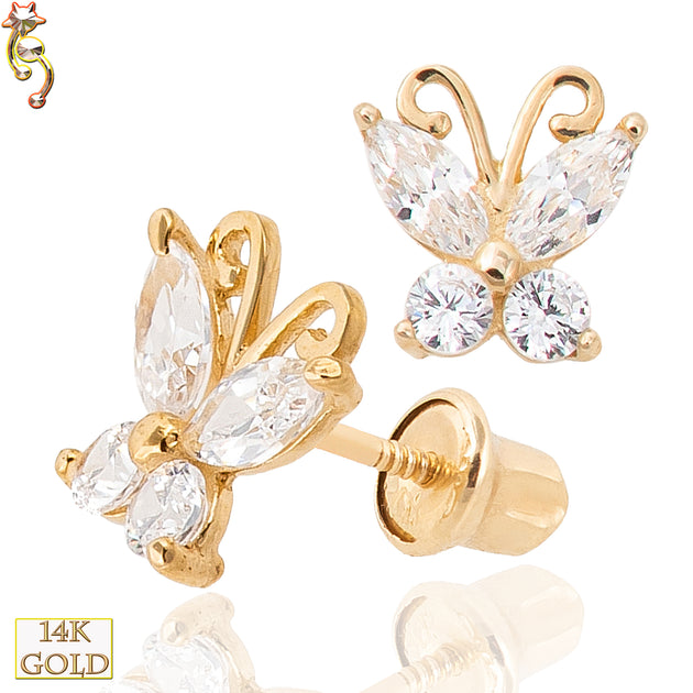 14-ES12 - 14k Solid Gold Screw Back Earring 7x6.5mm Butterfly Design