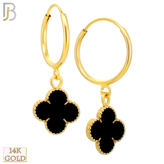 14-ES250 - 14k Yellow Gold Enamel Four Leaf Clover Dangling Hoop Earrings