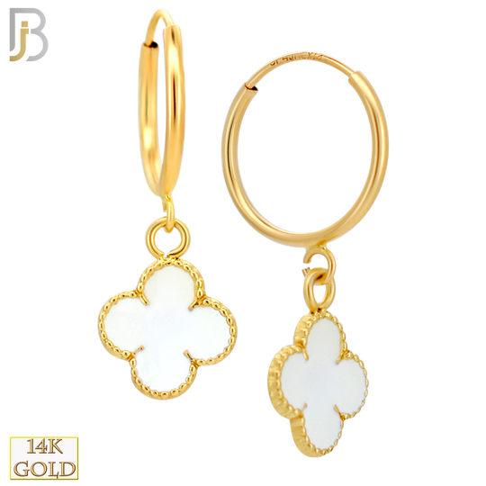 14-ES250 - 14k Yellow Gold Enamel Four Leaf Clover Dangling Hoop Earrings