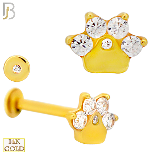 14-LB148 - 14K Yellow Gold Tiger Paw with CZ Flatback Labret – Internally Threaded
