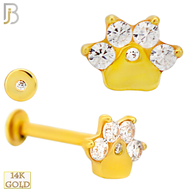 14-LB148 - 14K Yellow Gold Tiger Paw with CZ Flatback Labret – Internally Threaded