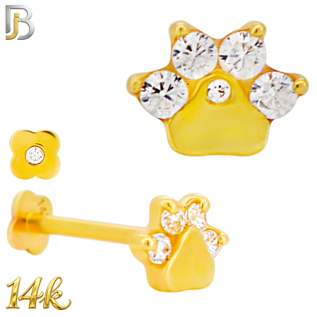 14-LB148 - 14K Yellow Gold Tiger Paw with CZ Flatback Labret – Internally Threaded