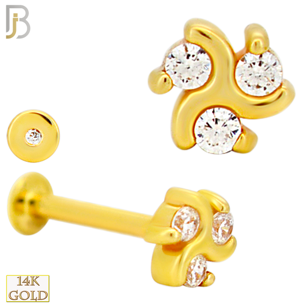 14-LB151 - 14K Yellow Gold 3 CZ Cluster Flatback Labret – Internally Threaded