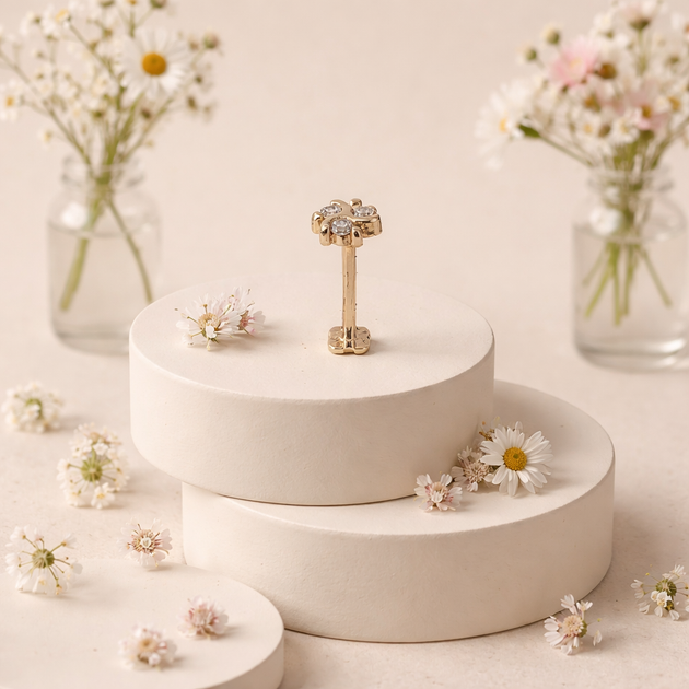 14-LB151 - 14K Yellow Gold 3 CZ Cluster Flatback Labret – Internally Threaded